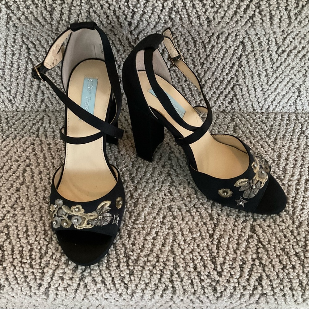 Betsey Johnson Black Crystal Embellished Block Heels
